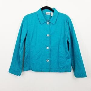 Chico's Jacket Long Sleeve Button Up Embroidered Floral Blue Chico's Size 1